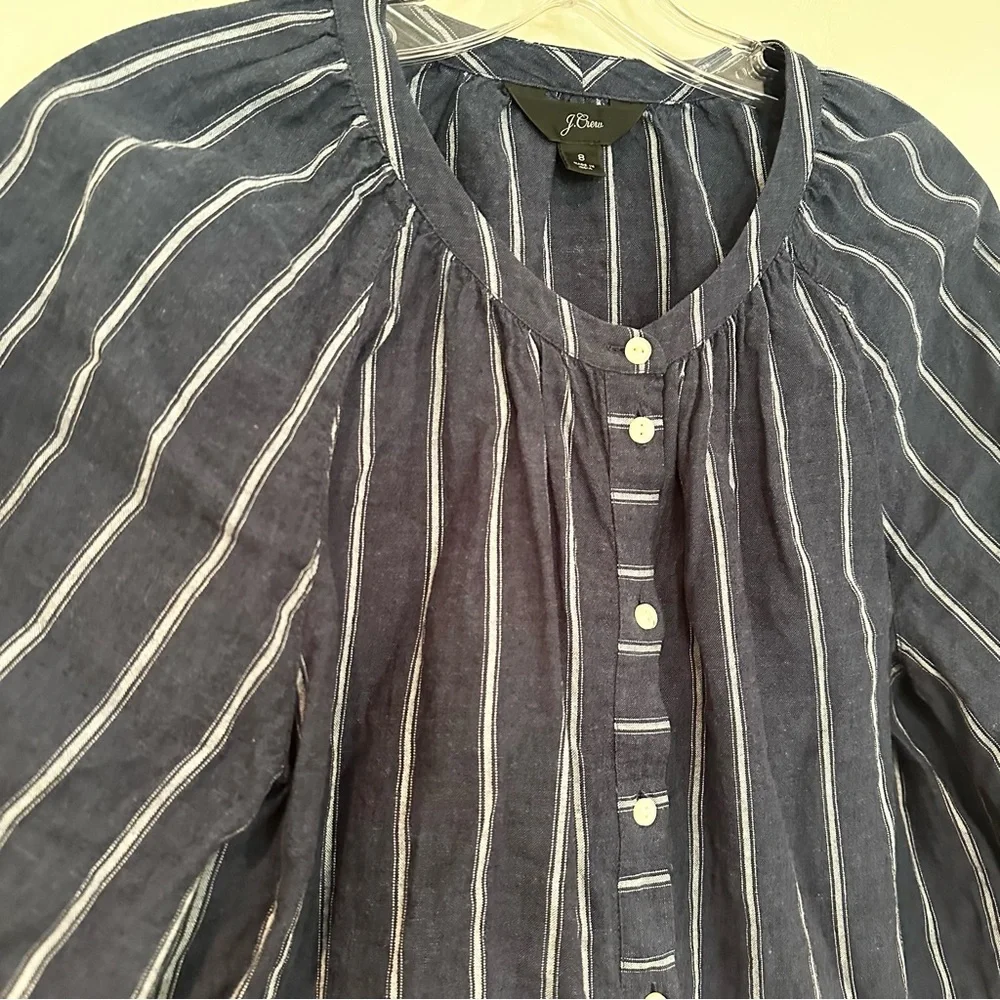 J. Crew Tie Waist Linen Blend Striped Gauze Top Blouse Women's‎ 8 Navy Casual
